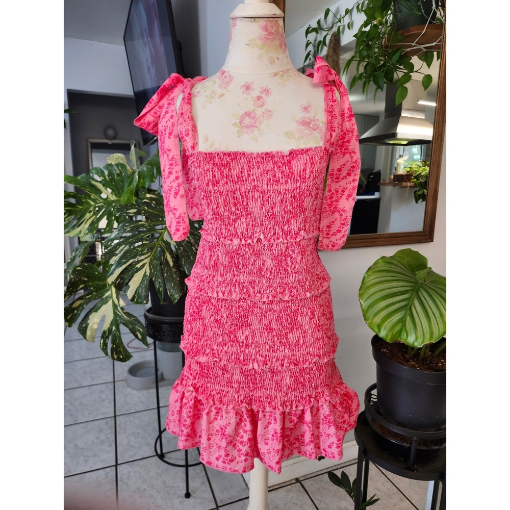 ChcMe Pink Floral Smocked Mini Dress Small Tie Shoulder Coquette Cottagecore 🌸 - Picture 5 of 12